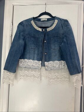 Beaded Collar Denim Jacket with Lace Trim - Blue